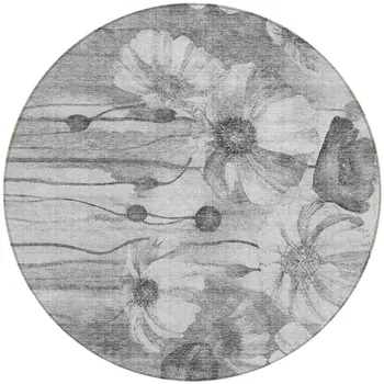 8' Gray Charcoal And Silver Round Floral Washable Indoor Outdoor Area Rug