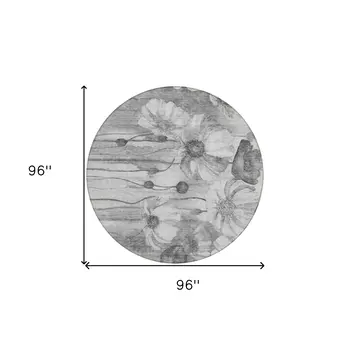 8' Gray Charcoal And Silver Round Floral Washable Indoor Outdoor Area Rug