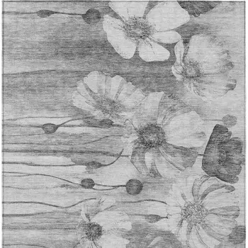 10' X 14' Gray Charcoal And Silver Floral Washable Indoor Outdoor Area Rug
