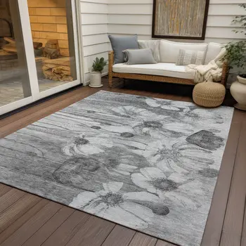 10' X 14' Gray Charcoal And Silver Floral Washable Indoor Outdoor Area Rug