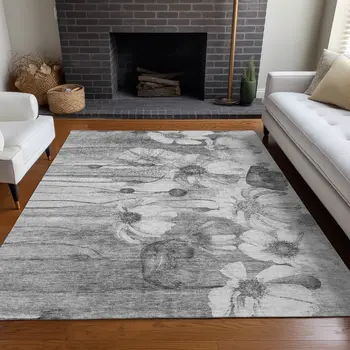 10' X 14' Gray Charcoal And Silver Floral Washable Indoor Outdoor Area Rug