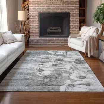 10' X 14' Gray Charcoal And Silver Floral Washable Indoor Outdoor Area Rug