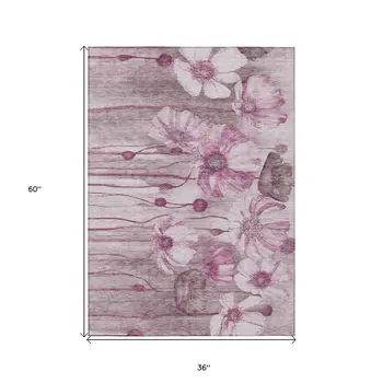 3' X 5' Plum Mauve And Pink Floral Washable Indoor Outdoor Area Rug
