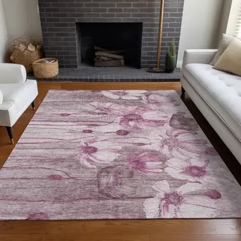 3' X 5' Plum Mauve And Pink Floral Washable Indoor Outdoor Area Rug