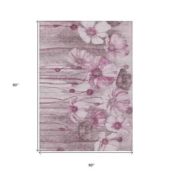 5' X 8' Plum Mauve And Pink Floral Washable Indoor Outdoor Area Rug