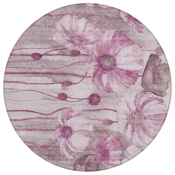 8' Plum Mauve And Pink Round Floral Washable Indoor Outdoor Area Rug