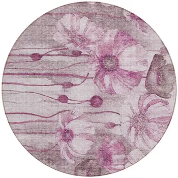 8' Plum Mauve And Pink Round Floral Washable Indoor Outdoor Area Rug