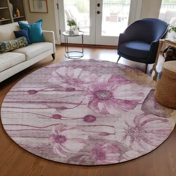 8' Plum Mauve And Pink Round Floral Washable Indoor Outdoor Area Rug