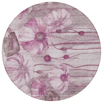8' Plum Mauve And Pink Round Floral Washable Indoor Outdoor Area Rug