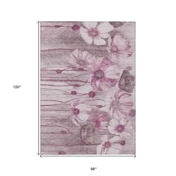 8' X 10' Plum Mauve And Pink Floral Washable Indoor Outdoor Area Rug