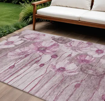 8' X 10' Plum Mauve And Pink Floral Washable Indoor Outdoor Area Rug