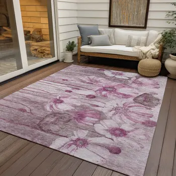 9' X 12' Plum Mauve And Pink Floral Washable Indoor Outdoor Area Rug