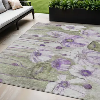 5' X 8' Purple And Lavender Floral Washable Indoor Outdoor Area Rug