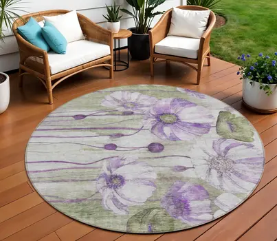 8' Purple And Lavender Round Floral Washable Indoor Outdoor Area Rug