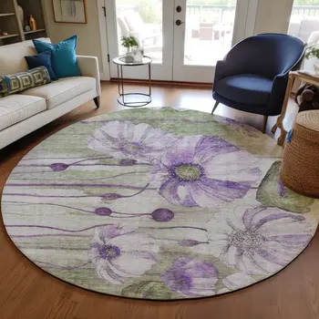 8' Purple And Lavender Round Floral Washable Indoor Outdoor Area Rug