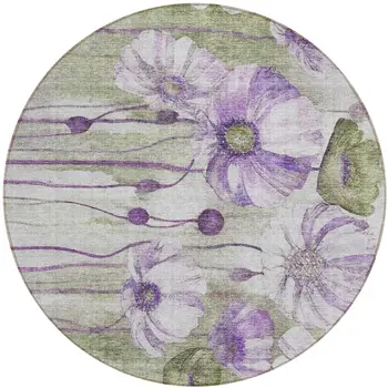 8' Purple And Lavender Round Floral Washable Indoor Outdoor Area Rug