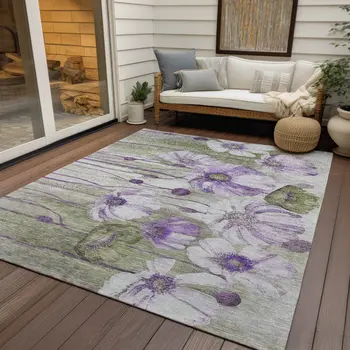 9' X 12' Purple And Lavender Floral Washable Indoor Outdoor Area Rug