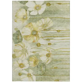 3' X 5' Sage Fern Green And Ivory Floral Washable Indoor Outdoor Area Rug