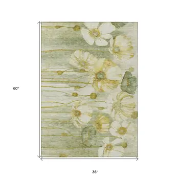 3' X 5' Sage Fern Green And Ivory Floral Washable Indoor Outdoor Area Rug