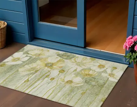 3' X 5' Sage Fern Green And Ivory Floral Washable Indoor Outdoor Area Rug