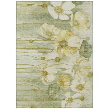 3' X 5' Sage Fern Green And Ivory Floral Washable Indoor Outdoor Area Rug