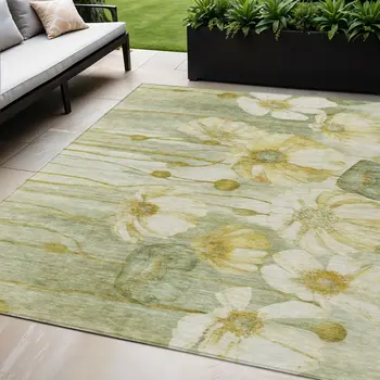 5' X 8' Sage Fern Green And Ivory Floral Washable Indoor Outdoor Area Rug
