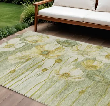 8' X 10' Sage Fern Green And Ivory Floral Washable Indoor Outdoor Area Rug