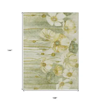 9' X 12' Sage Fern Green And Ivory Floral Washable Indoor Outdoor Area Rug