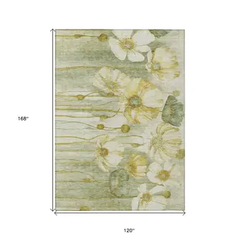 10' X 14' Sage Fern Green And Ivory Floral Washable Indoor Outdoor Area Rug