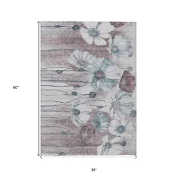 3' X 5' Teal Blue Aqua And Ivory Floral Washable Indoor Outdoor Area Rug