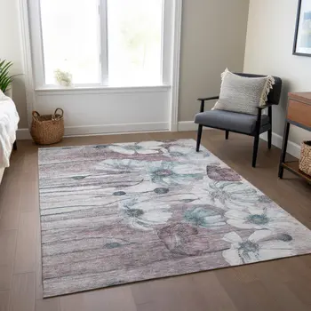 3' X 5' Teal Blue Aqua And Ivory Floral Washable Indoor Outdoor Area Rug