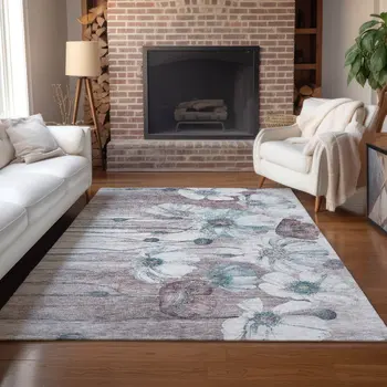 3' X 5' Teal Blue Aqua And Ivory Floral Washable Indoor Outdoor Area Rug