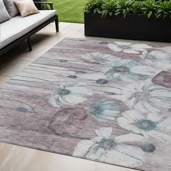 5' X 8' Teal Blue Aqua And Ivory Floral Washable Indoor Outdoor Area Rug
