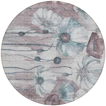 8' Teal Blue Aqua And Ivory Round Floral Washable Indoor Outdoor Area Rug