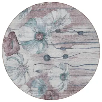 8' Teal Blue Aqua And Ivory Round Floral Washable Indoor Outdoor Area Rug