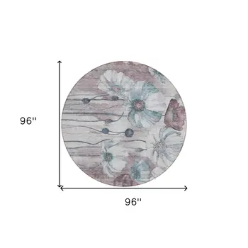 8' Teal Blue Aqua And Ivory Round Floral Washable Indoor Outdoor Area Rug