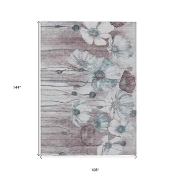 9' X 12' Teal Blue Aqua And Ivory Floral Washable Indoor Outdoor Area Rug