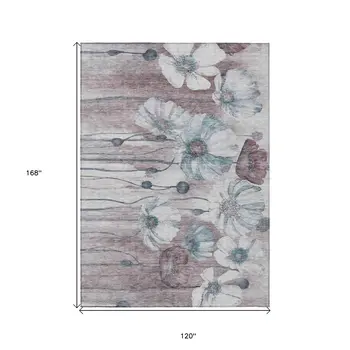 10' X 14' Teal Blue Aqua And Ivory Floral Washable Indoor Outdoor Area Rug