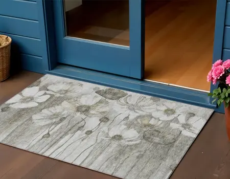 3' X 5' Taupe Ivory And Tan Floral Washable Indoor Outdoor Area Rug