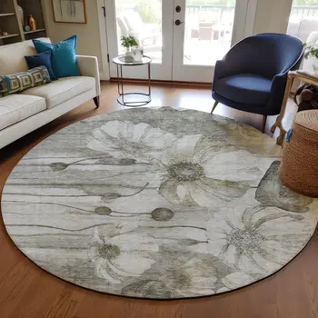 8' Taupe Ivory And Tan Round Floral Washable Indoor Outdoor Area Rug