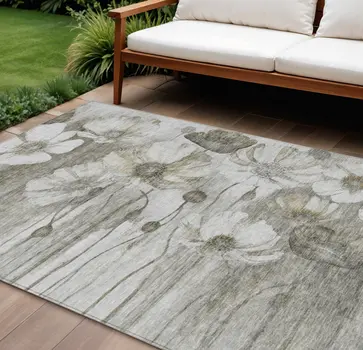 9' X 12' Taupe Ivory And Tan Floral Washable Indoor Outdoor Area Rug