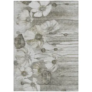 10' X 14' Taupe Ivory And Tan Floral Washable Indoor Outdoor Area Rug