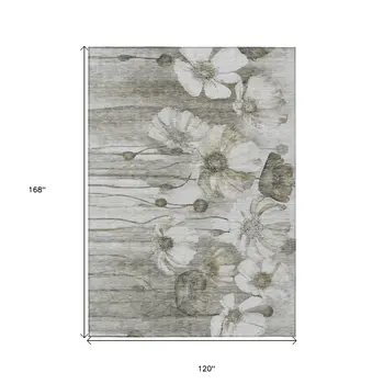 10' X 14' Taupe Ivory And Tan Floral Washable Indoor Outdoor Area Rug