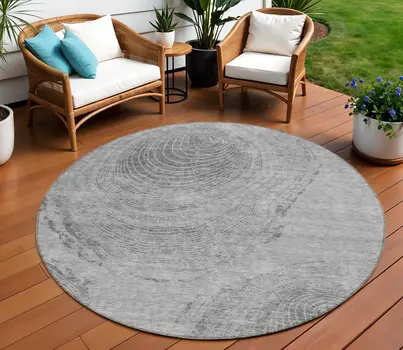 8' Gray Silver And Charcoal Round Abstract Washable Indoor Outdoor Area Rug