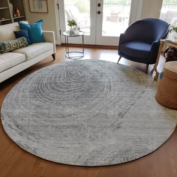 8' Gray Silver And Charcoal Round Abstract Washable Indoor Outdoor Area Rug