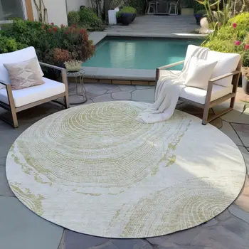 8' Khaki Beige And Taupe Round Abstract Washable Indoor Outdoor Area Rug