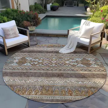 8' Chocolate And Gray Round Southwestern Washable Indoor Outdoor Area Rug