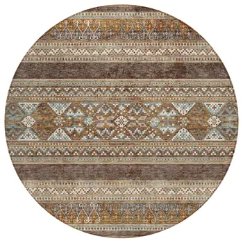 8' Chocolate And Gray Round Southwestern Washable Indoor Outdoor Area Rug