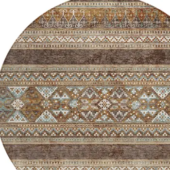 8' Chocolate And Gray Round Southwestern Washable Indoor Outdoor Area Rug