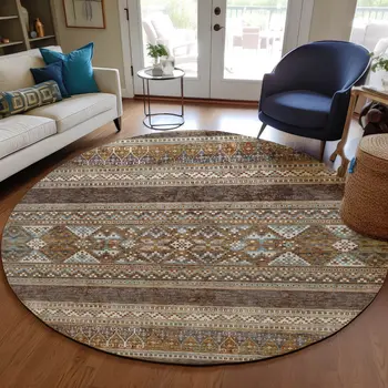 8' Chocolate And Gray Round Southwestern Washable Indoor Outdoor Area Rug